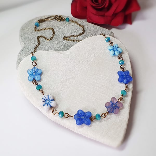 Blue, white & lilac boho flower necklace