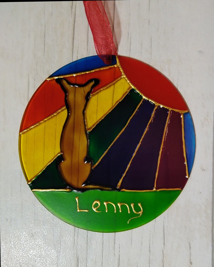 Whippet Rainbow Sunshine pet memorial sun catcher decoration. Hand painted. 