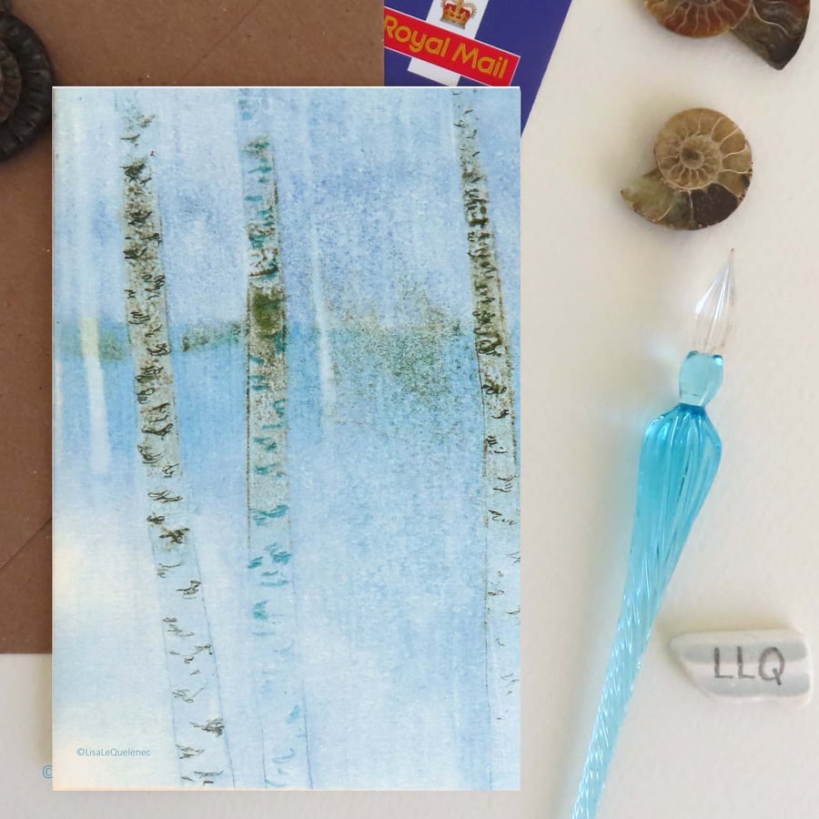 Birches in blue II blank artist card forest monoprint mixed media cello free