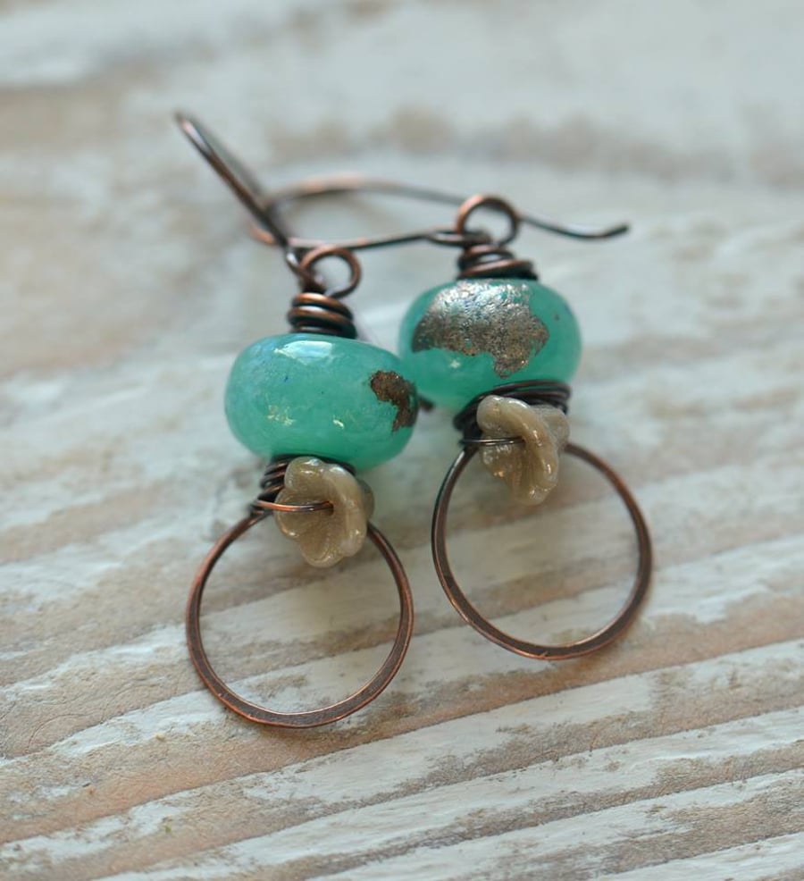 Handmade Copper Earrings with Aqua Lampwork Glass Beads and Czech flower