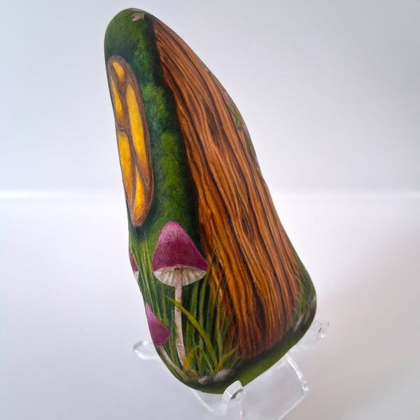Wooden Fairy Door Rock Art, Hand Painted with Window and Mushrooms