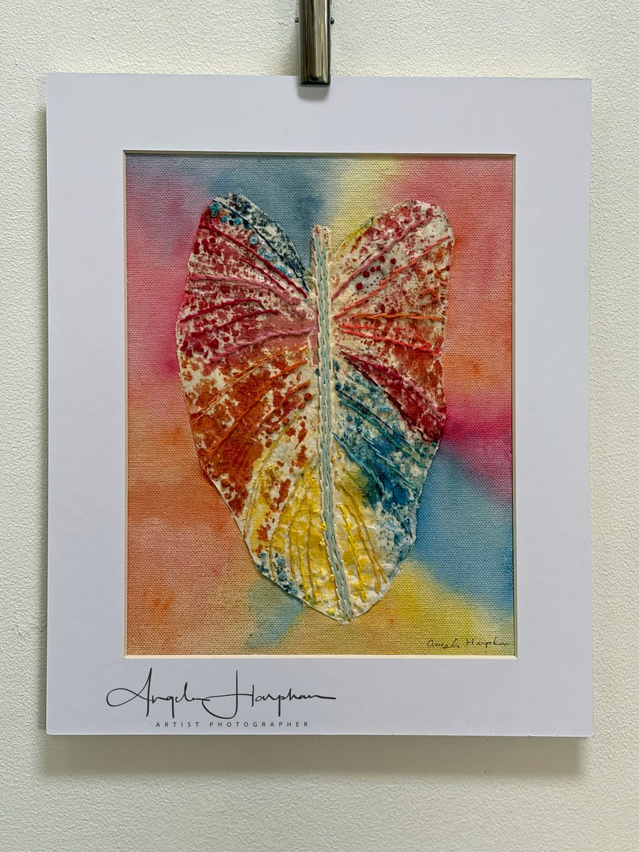 Mounted Monoprint with Hand Embroidery - Arum Lily Leaf