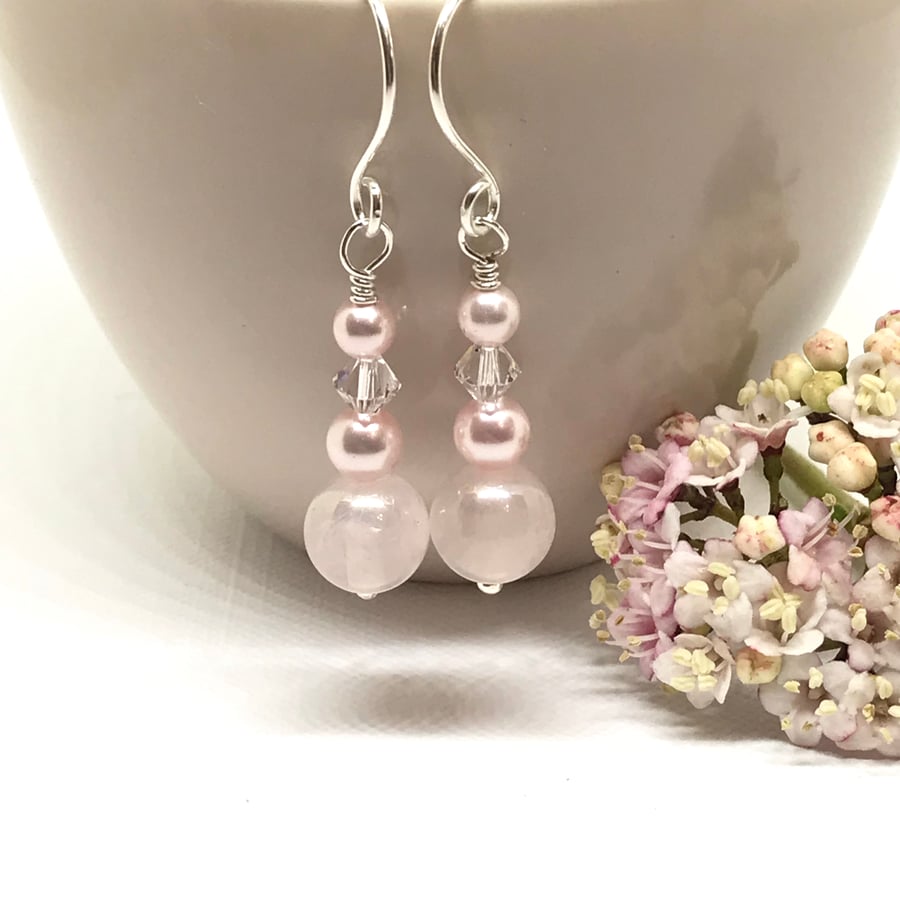 Rose Quartz And Pearl Earrings, Sterling Silver 
