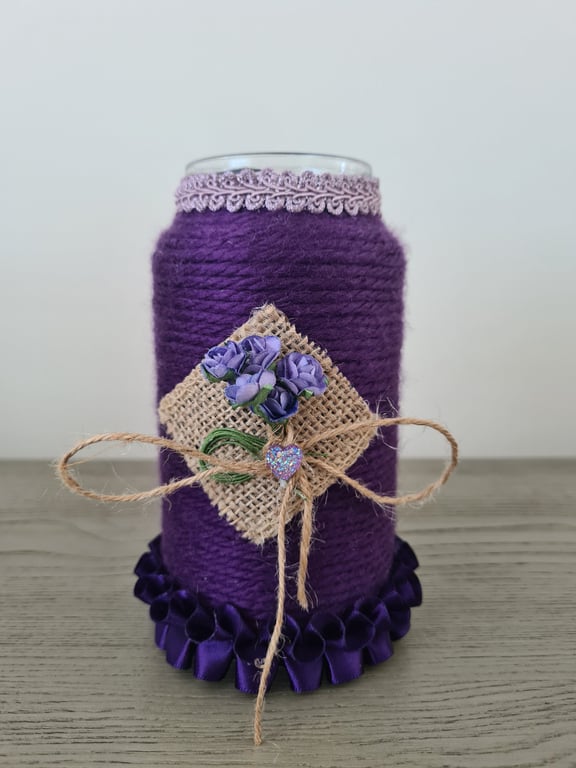 Dark Purple Yarn Wrapped Vase With Flower Detail 