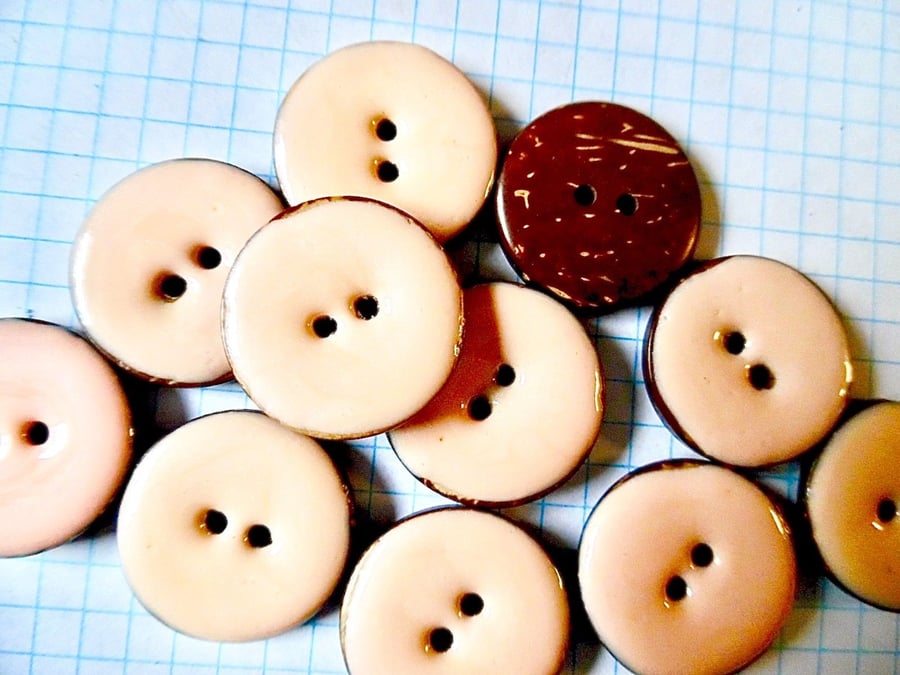 10 Pink Coconut Shell, Enamelled Buttons