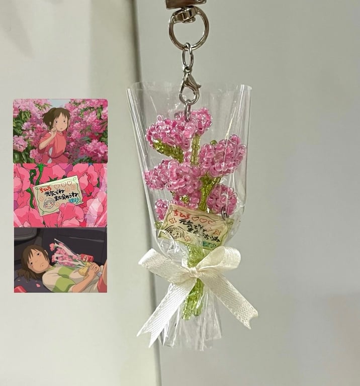 Handmade ghibli chihiro beaded flower bouquet keychain