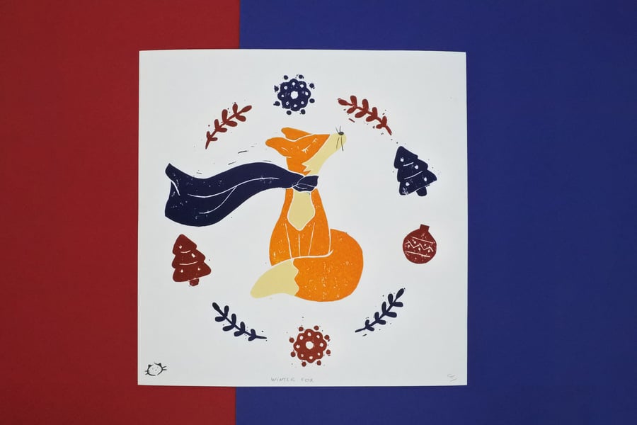 Winter Fox – Handmade lino print