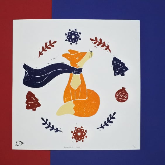 Winter Fox – Handmade lino print