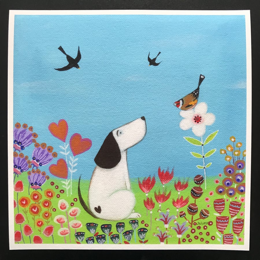 Dog and the Goldfinch is a 9" x 9" giclee Print by Jo Roper Art  