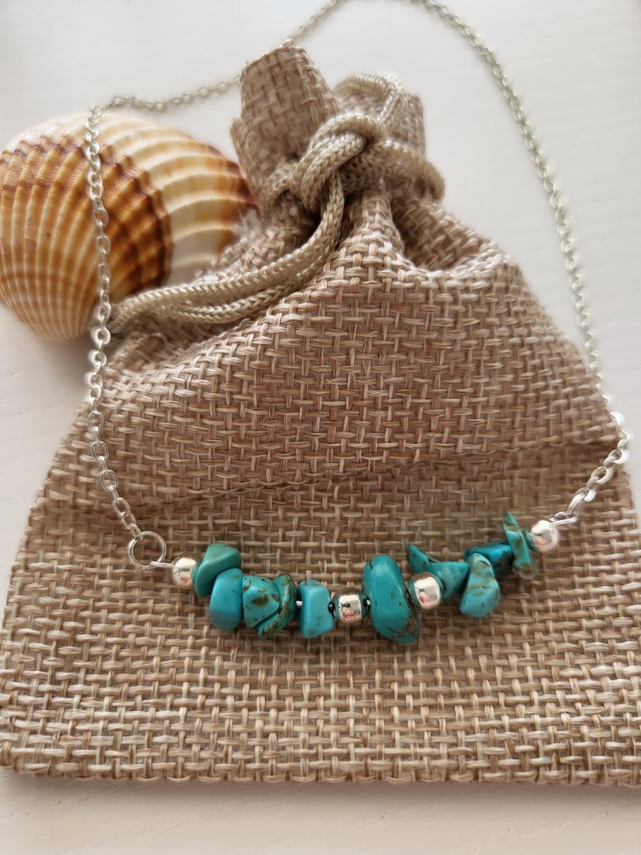 Natural Turquoise Blue Chip stone necklace with silver plated beads