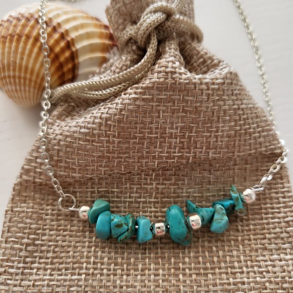 Natural Turquoise Blue Chip stone necklace with silver plated beads