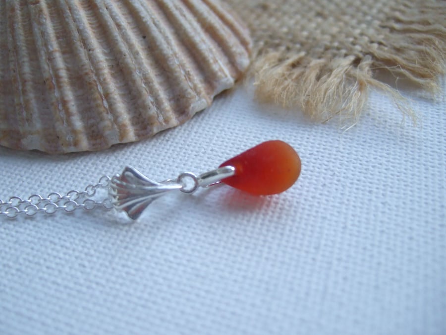 Seaham sea glass amberina red petite pendant, beach found glass necklace, leaf 