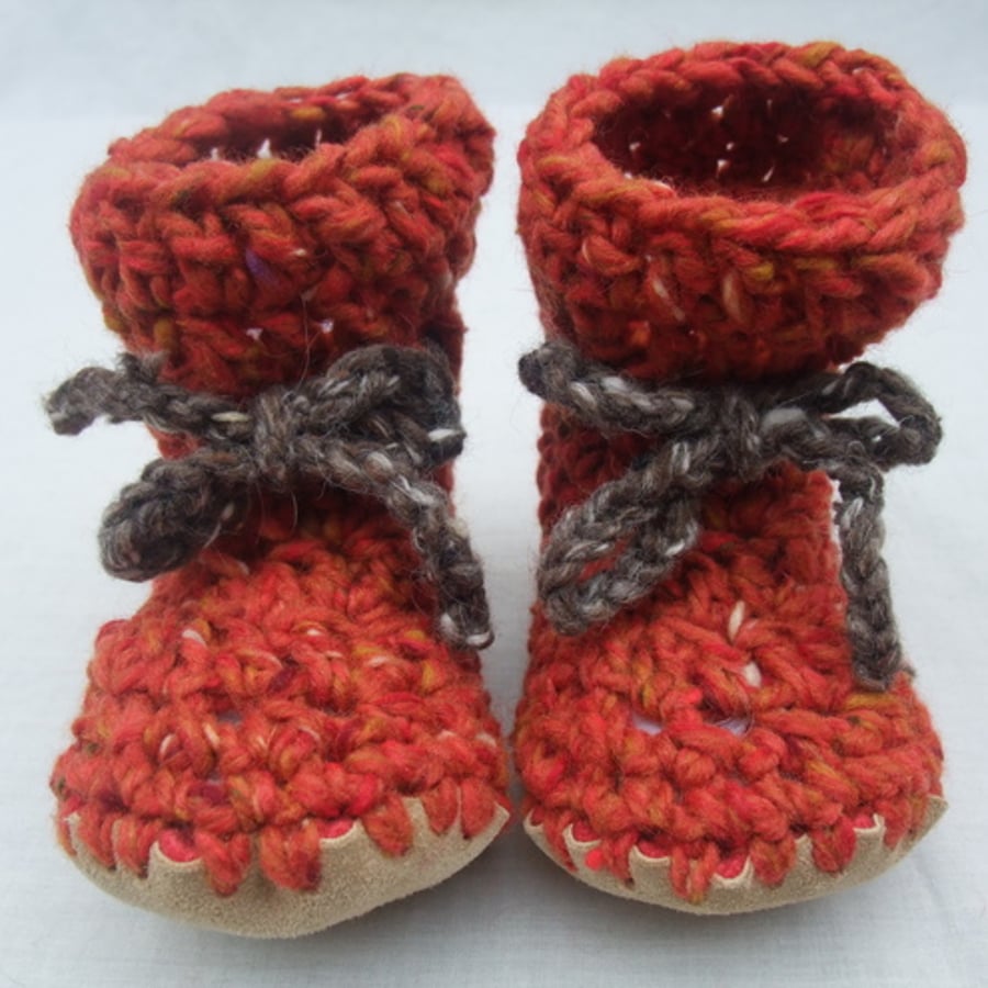 Wool & leather crochet baby boots burnt orange 12-18 months