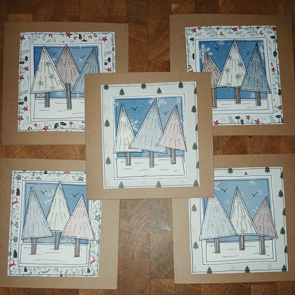 Quirky art whimsical handmade unique patchwork paper christmas trees cards