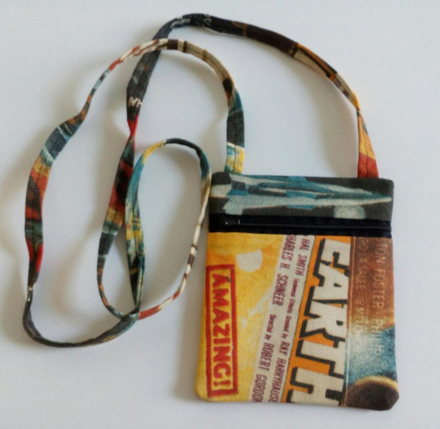 Crossbody bag, lined bag, Sci Fi design, bag for dog walking 