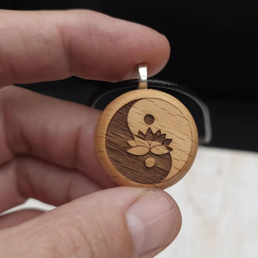 Yin Yang Lotus Pendant – Laser Engraved Beechwood Necklace – Spiritual Balance