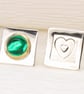 Handmade ear studs, asymmetrical with  a green Spinel stone and a heart shape.  - Image 1