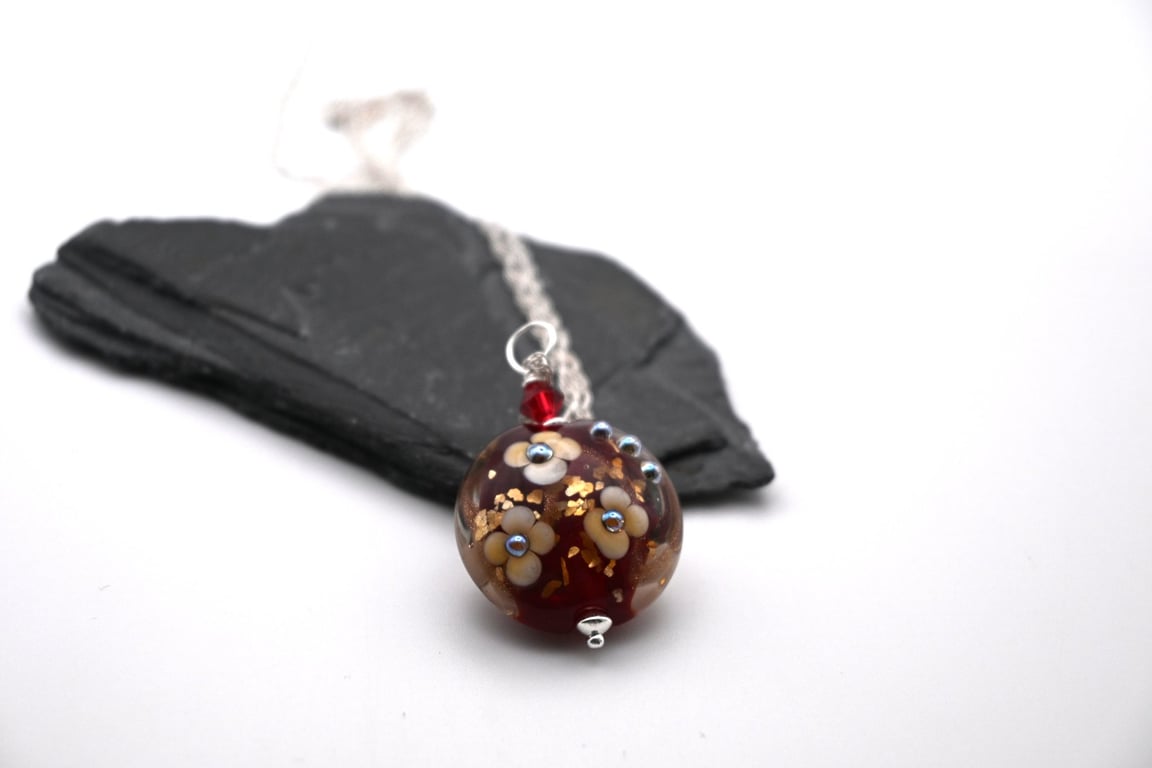 red flower lampwork glass pendant necklace
