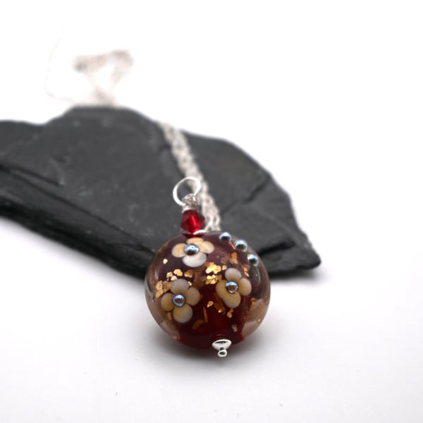 red flower lampwork glass pendant necklace