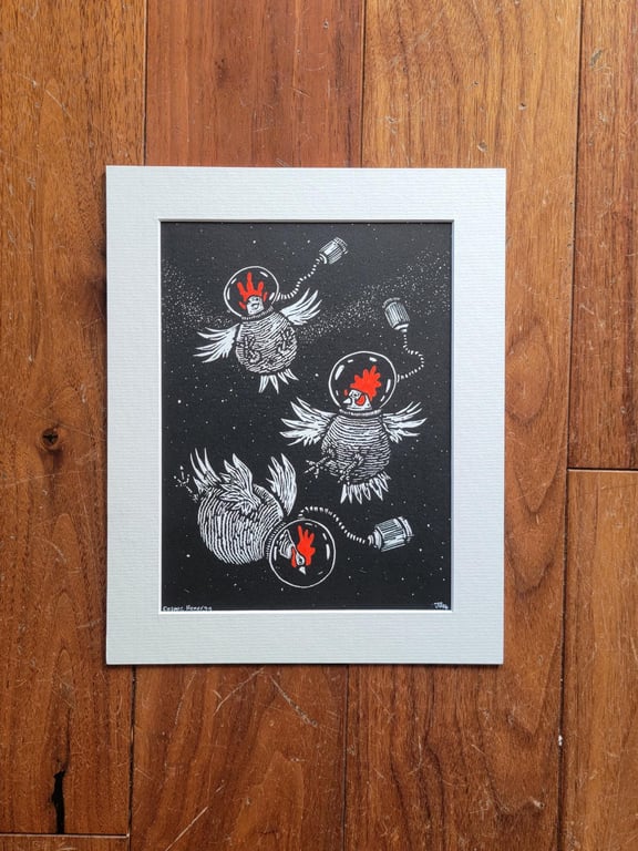 Cosmic Henergy - original handmade linocut bird art print