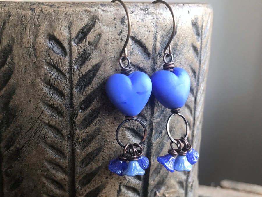 Blue Heart Earrings. Artisan Lampwork Glass Earrings. Valentines Heart Jewellery