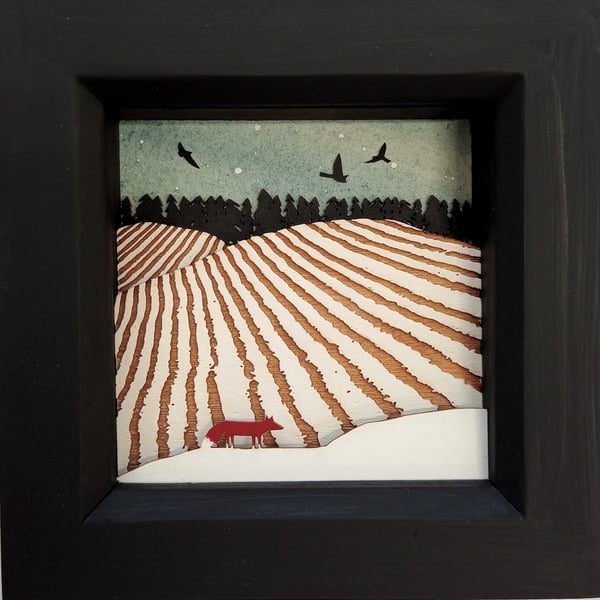 Winter Fields Picture, Miniature Diorama, Fox Picture, Winter Landscape