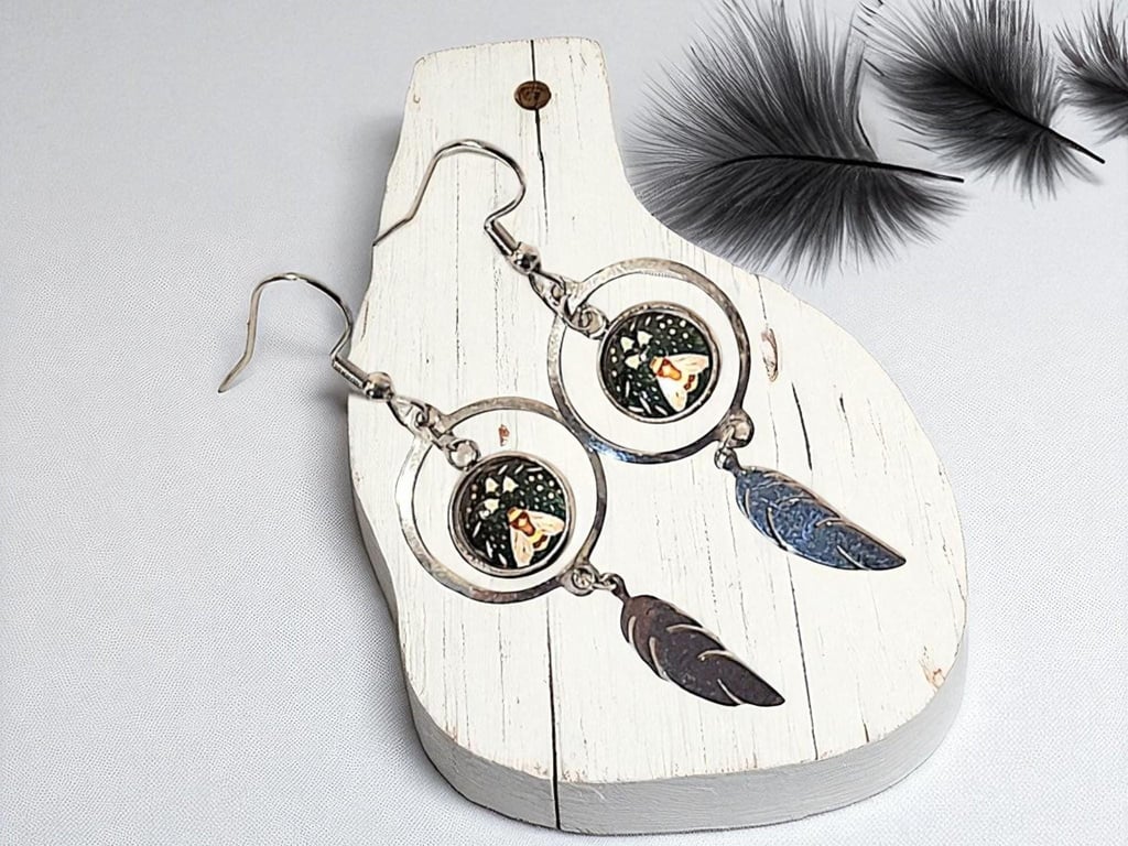 Gothic Moth and feather earrings, Mystical earrings