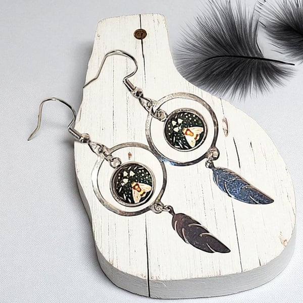 Gothic Moth and feather earrings, Mystical earrings