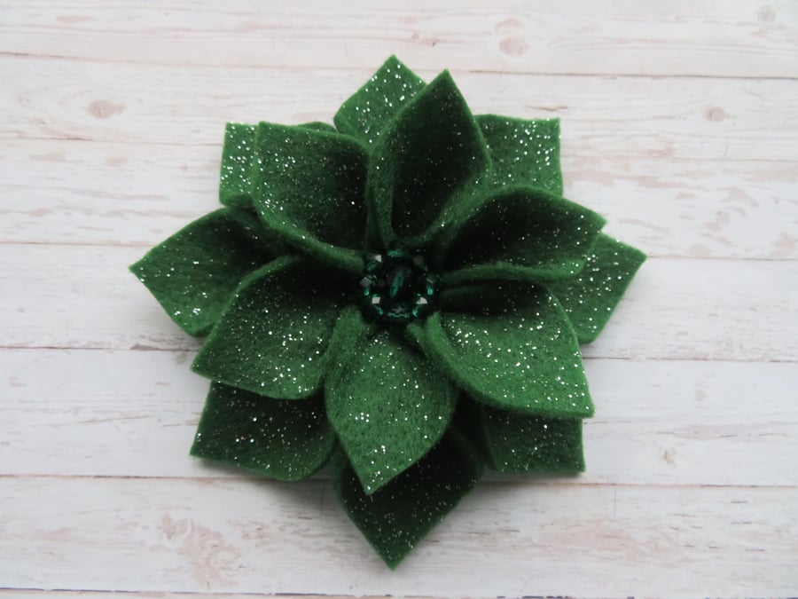 Holly Glitter Dark Green Vintage Retro Sparkle Felt Flower Hair Clip Brooch