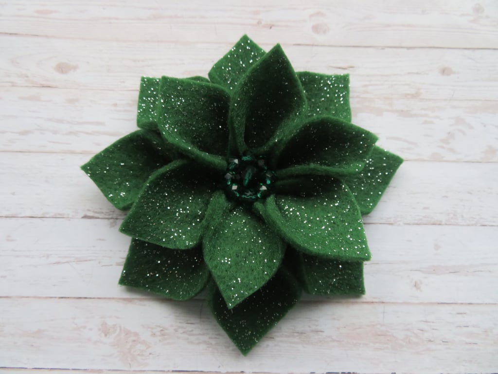 Holly Glitter Dark Green Vintage Retro Sparkle Felt Flower Hair Clip Brooch