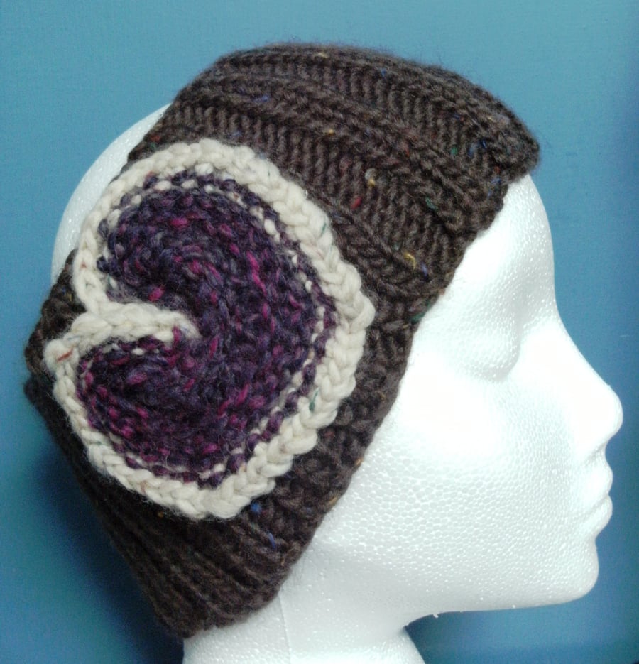 MARCH SALE! Chunky Merino Heart Headband Brown & Dark Pink MED