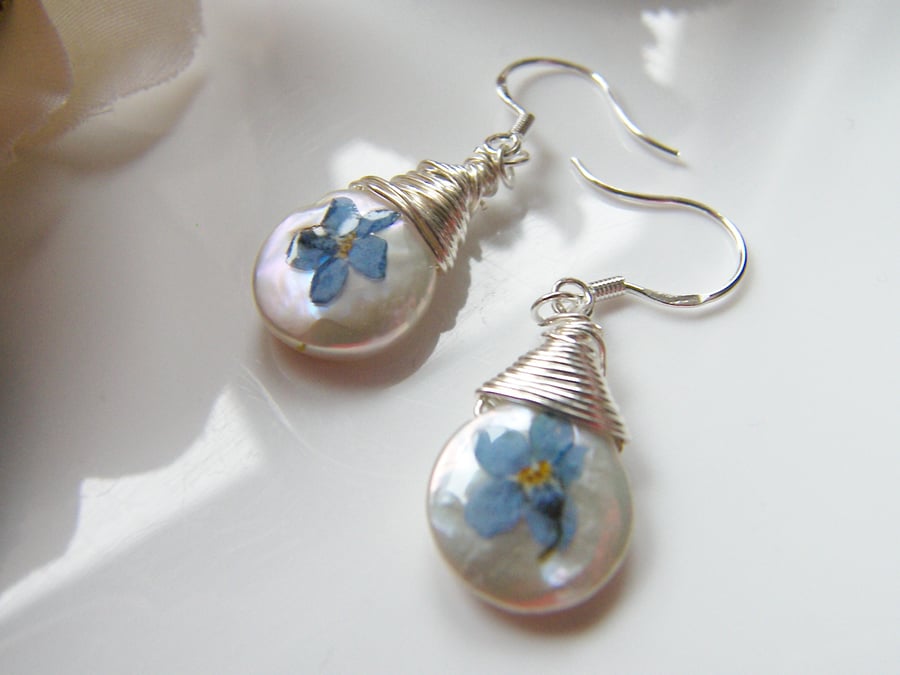Ivory Freshwater Pearl Briolette Earrings with Forget Me Not Flower