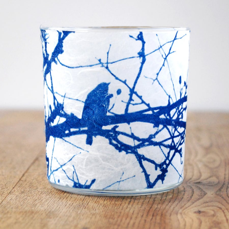 Robin in branches cyanotype delicate textured paper candle holder white & blue