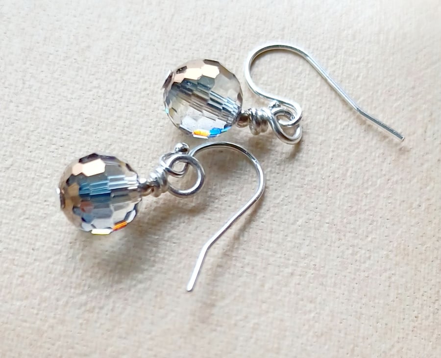 Grey Crystal Pierced Earrings, 925 Silver, Fire Polished, Hints of Blue