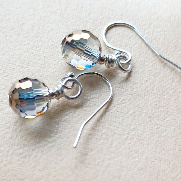 Grey Crystal Pierced Earrings, 925 Silver, Fire Polished, Hints of Blue