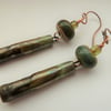 green metal lampwork, copper and ceramic earrings