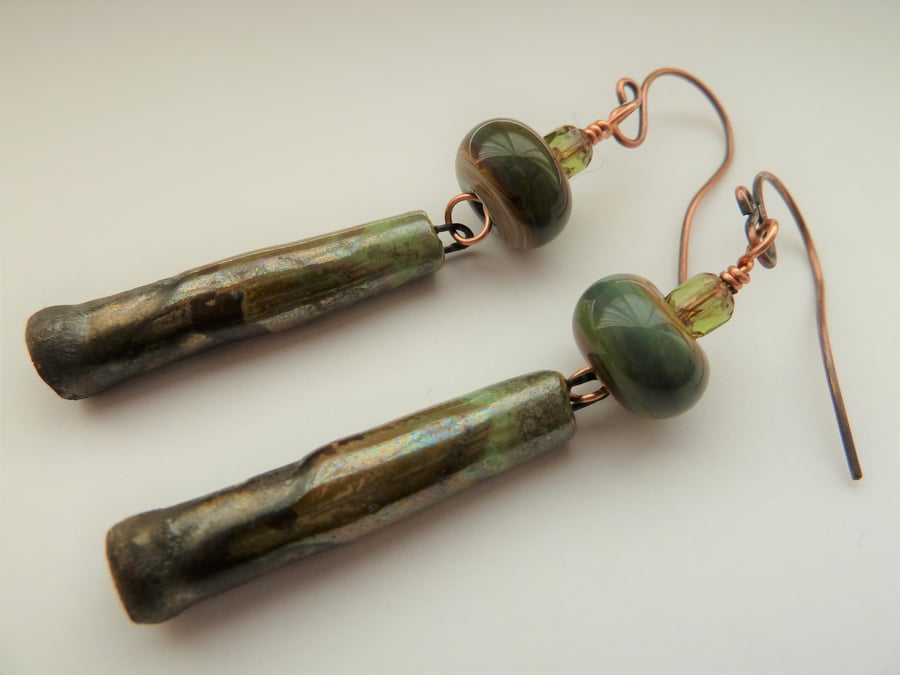 green metal lampwork, copper and ceramic earrings