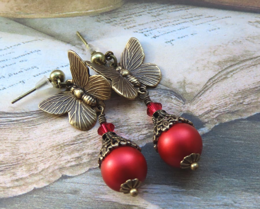 Victorian Style Red Crystal Pearls and Antiqued Brass Butterfly Earrings