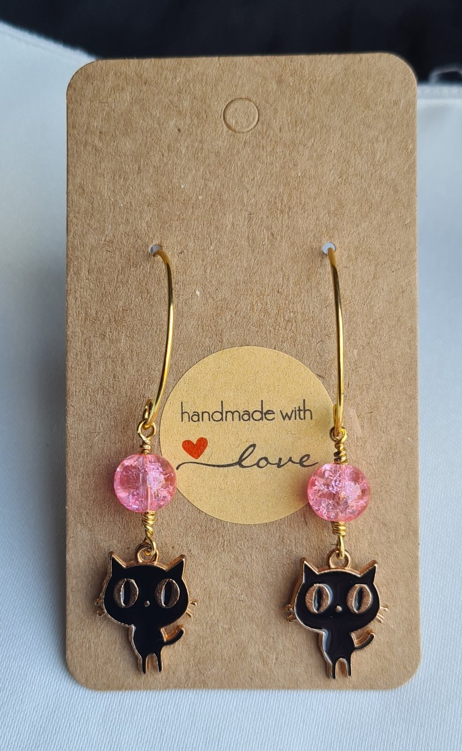 Black Cat Charm Earrings - Gold Tones