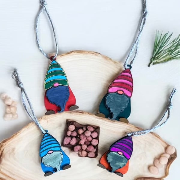 Set of 4 Wooden Gnome Christmas Decorations or Gift Tags