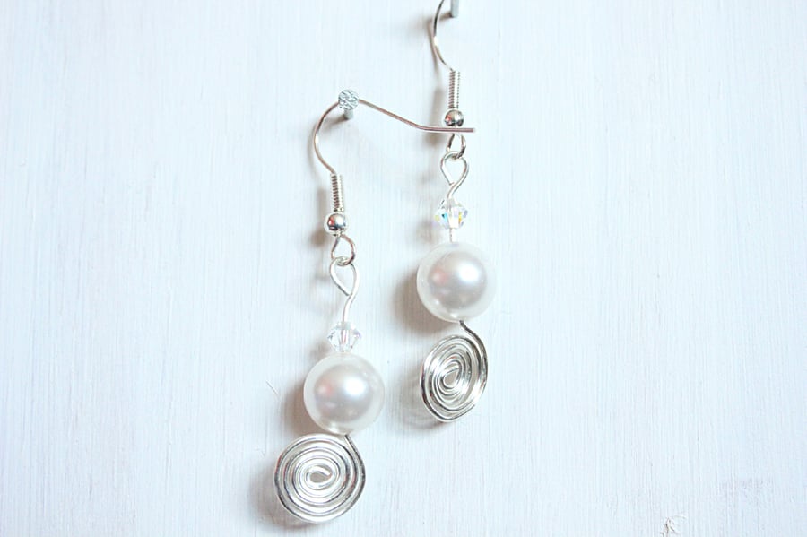 Swarovski Elements white pearl and crystal earrings with silver spirals