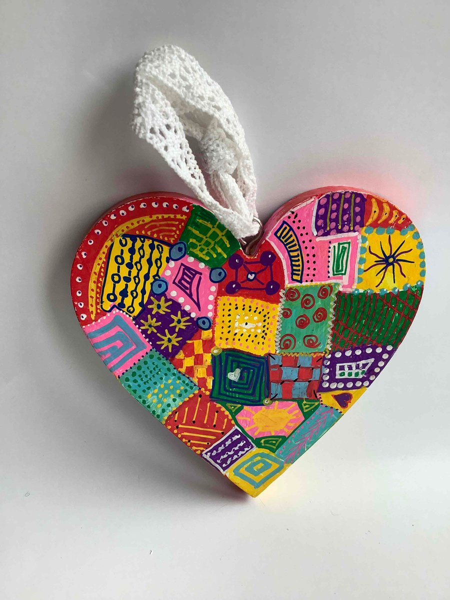 Hand painted funky wooden heart