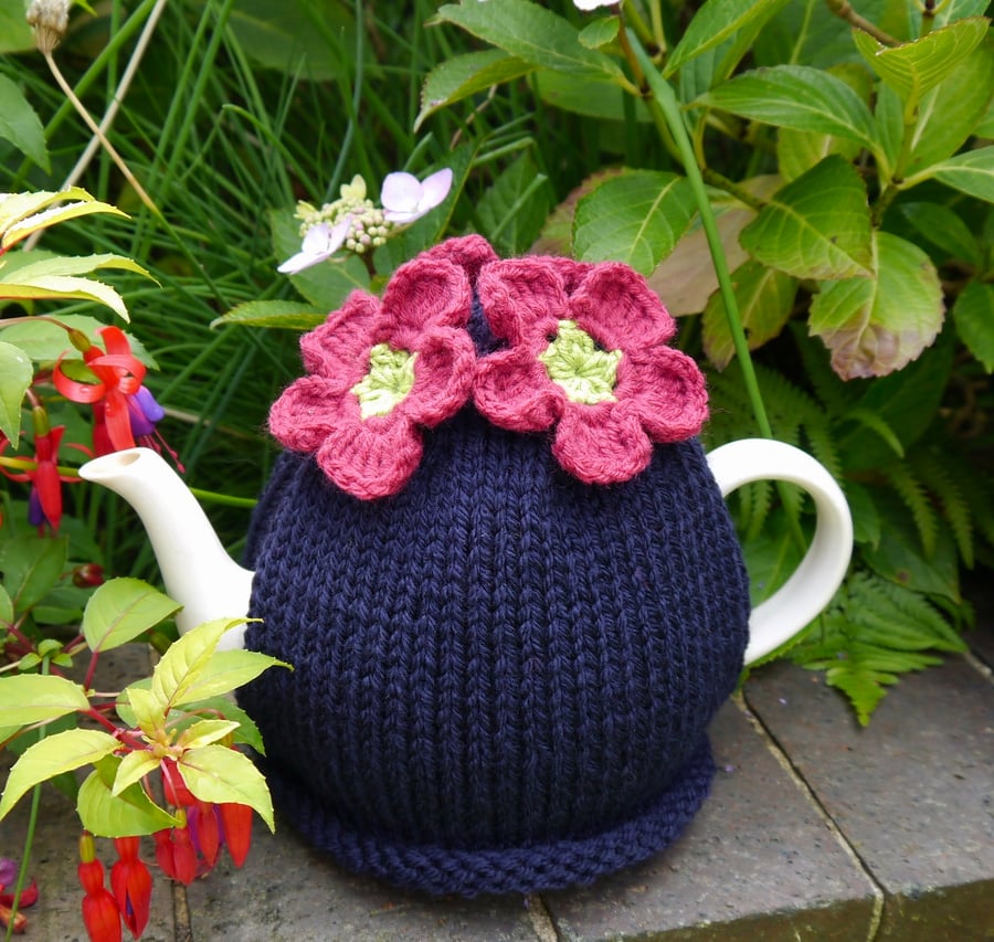 Navy Tea Cosy with Pink and Lime Crochet Flowers