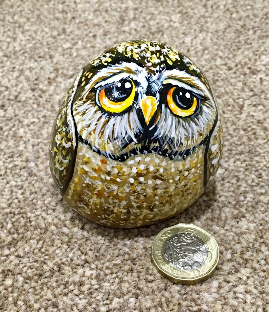 Owl painted pebble garden rock art bird wildlife gift 