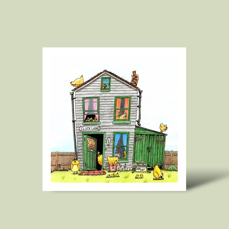 Whimsical Chicken Coop Greeting Card: Hen House Pencil Illustration (225)