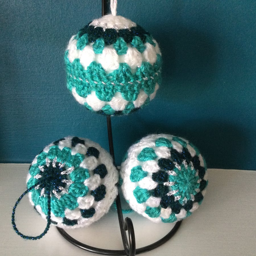 Crochet Christmas Tree Bauble Decorations Set of 3 in Sparkly Yarn