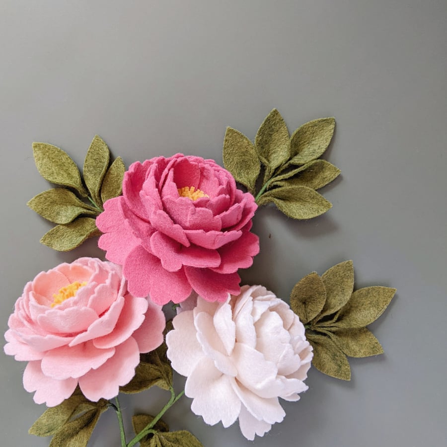 Felt peony stem, wedding flowers, floral gift, gift for her, felt flowers
