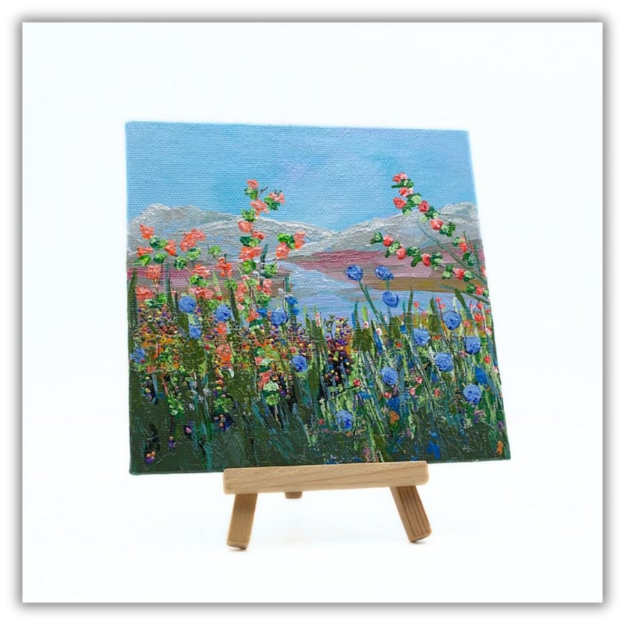 A small colourful painting - landscape painting - wildflowers - acrylic painting