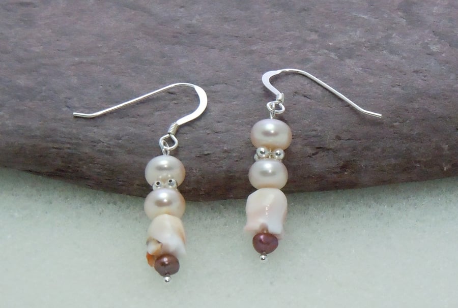 Sterling silver Freshwater pearls & shell earrings