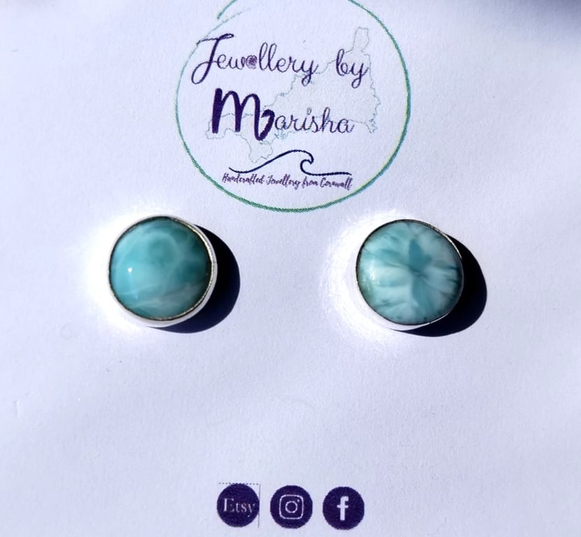 Larimar Studs Earrings Sterling Silver Jewellery Gift 12mm Round Rare Gemstone